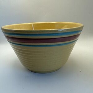 Vintage Watt Oven Ware Pottery Mixing Bowl #8‎ Yellow Ribbed Stripe